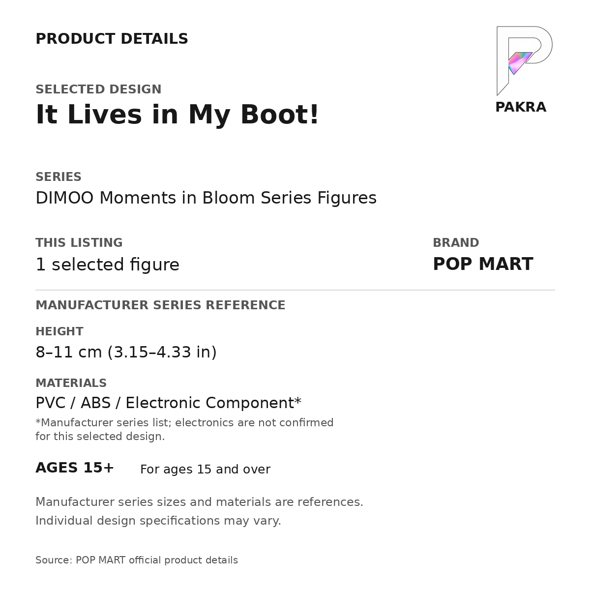 POP MART DIMOO Moments in Bloom - It Lives in My Boot! — PAKRA product specification card with manufacturer series-reference height, materials and ages 15+, for one selected figure.