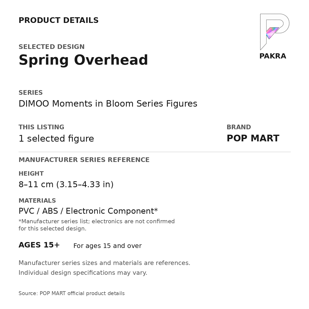 POP MART DIMOO Moments in Bloom - Spring Overhead — PAKRA product specification card with manufacturer series-reference height, materials and ages 15+, for one selected figure.
