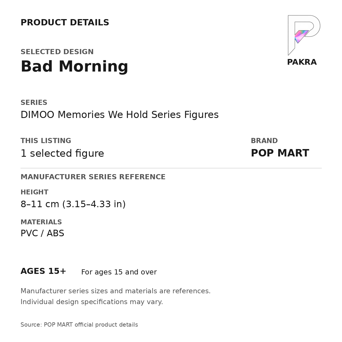 POP MART DIMOO Memories We Hold - Bad Morning — PAKRA product specification card with manufacturer series-reference height, materials and ages 15+, for one selected figure.