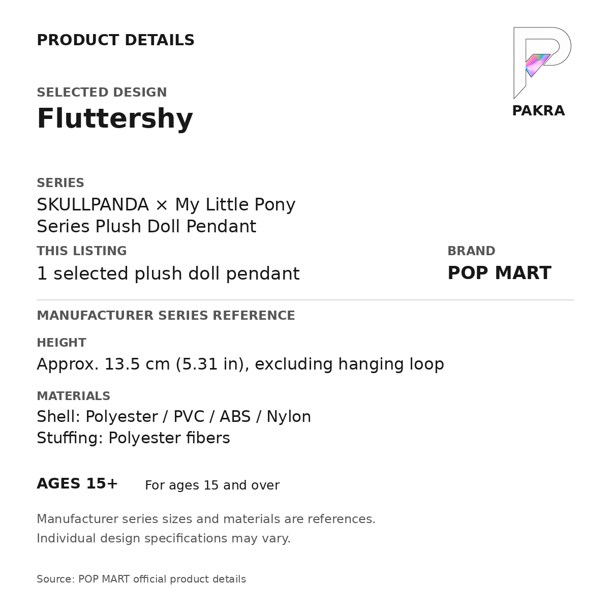 POP MART SKULLPANDA x My Little Pony - Fluttershy Plush Pendant — PAKRA product specification card with manufacturer series-reference height, materials and ages 15+, for one selected plush doll pendant.