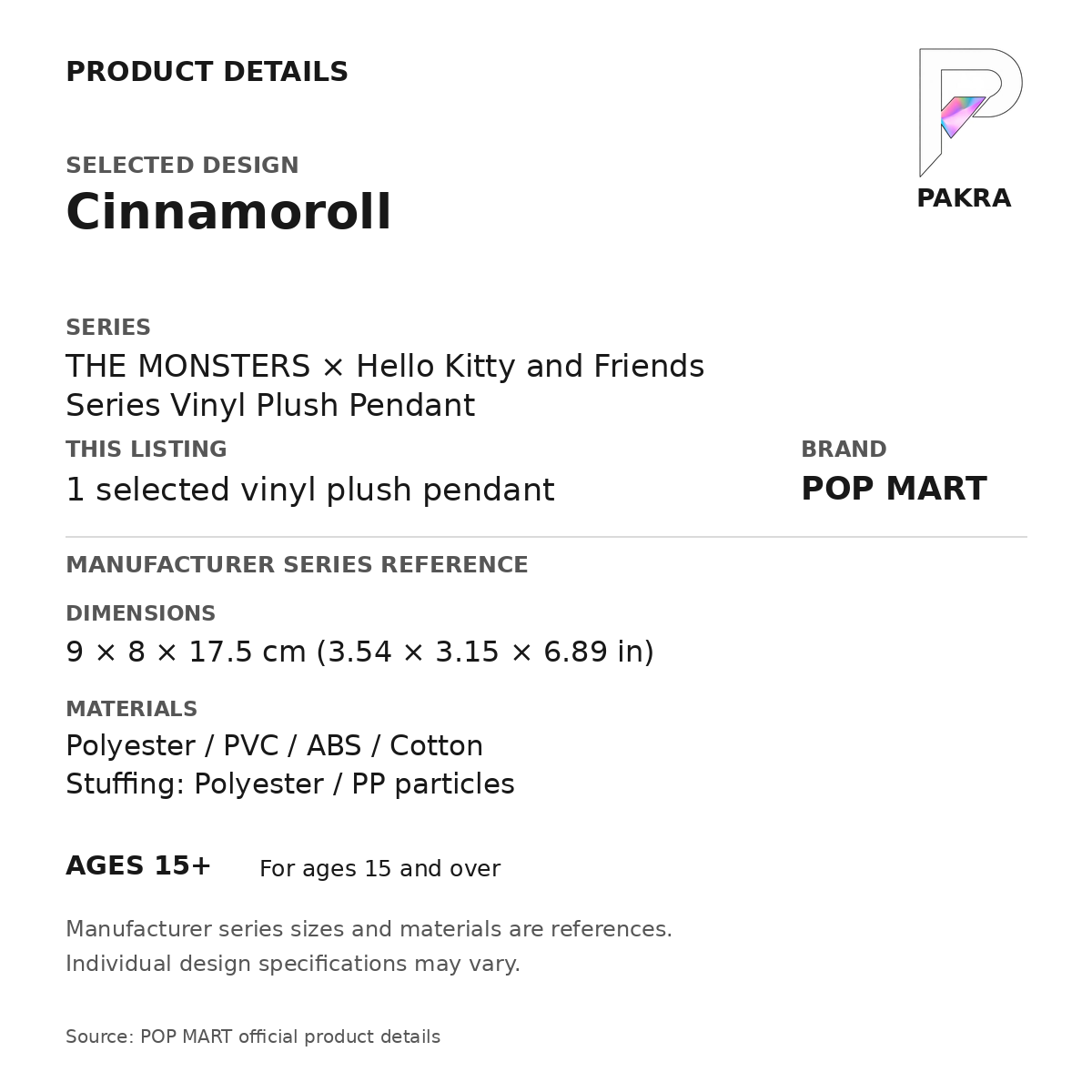 POP MART THE MONSTERS x Hello Kitty and Friends - Cinnamoroll Plush Pendant — PAKRA specification card with manufacturer series-reference size and materials, for 1 selected vinyl plush pendant.