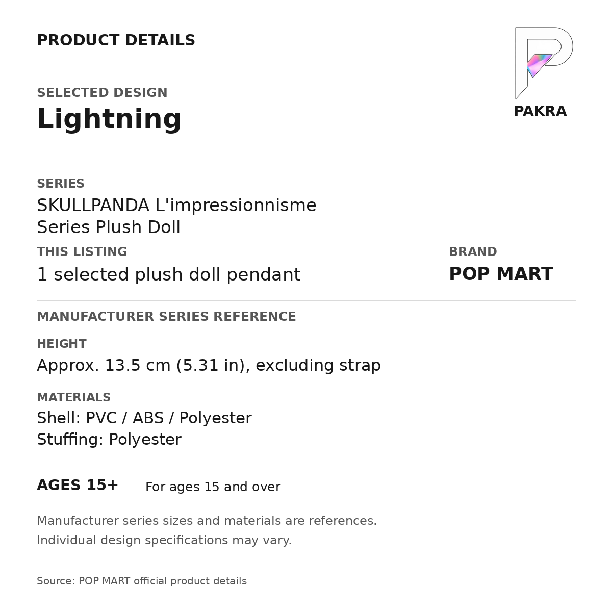 POP MART SKULLPANDA L'impressionnisme - Lightning Plush Pendant — PAKRA specification card with manufacturer series-reference size and materials, for 1 selected plush doll pendant.