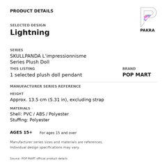POP MART SKULLPANDA L'impressionnisme - Lightning Plush Pendant — PAKRA specification card with manufacturer series-reference size and materials, for 1 selected plush doll pendant.