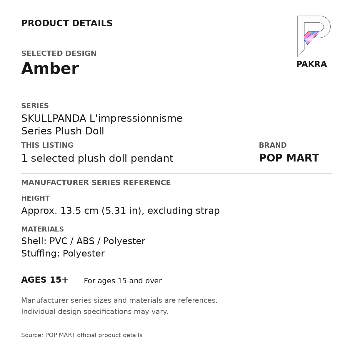 POP MART SKULLPANDA L'impressionnisme - Amber Plush Pendant — PAKRA specification card with manufacturer series-reference size and materials, for 1 selected plush doll pendant.
