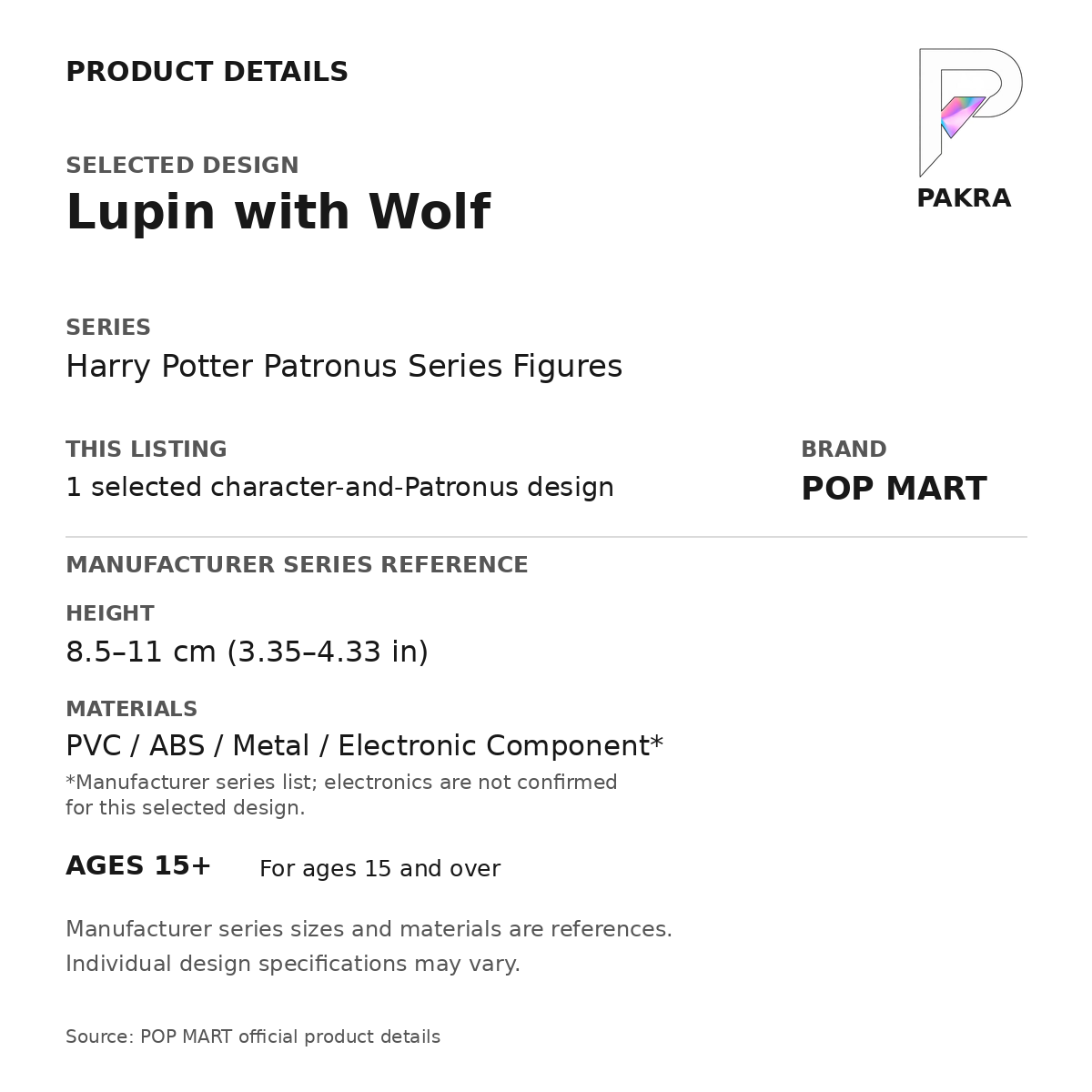 POP MART Harry Potter Patronus - Lupin with Wolf — PAKRA product specification card with manufacturer series-reference height, materials and age guidance, for one selected figure.