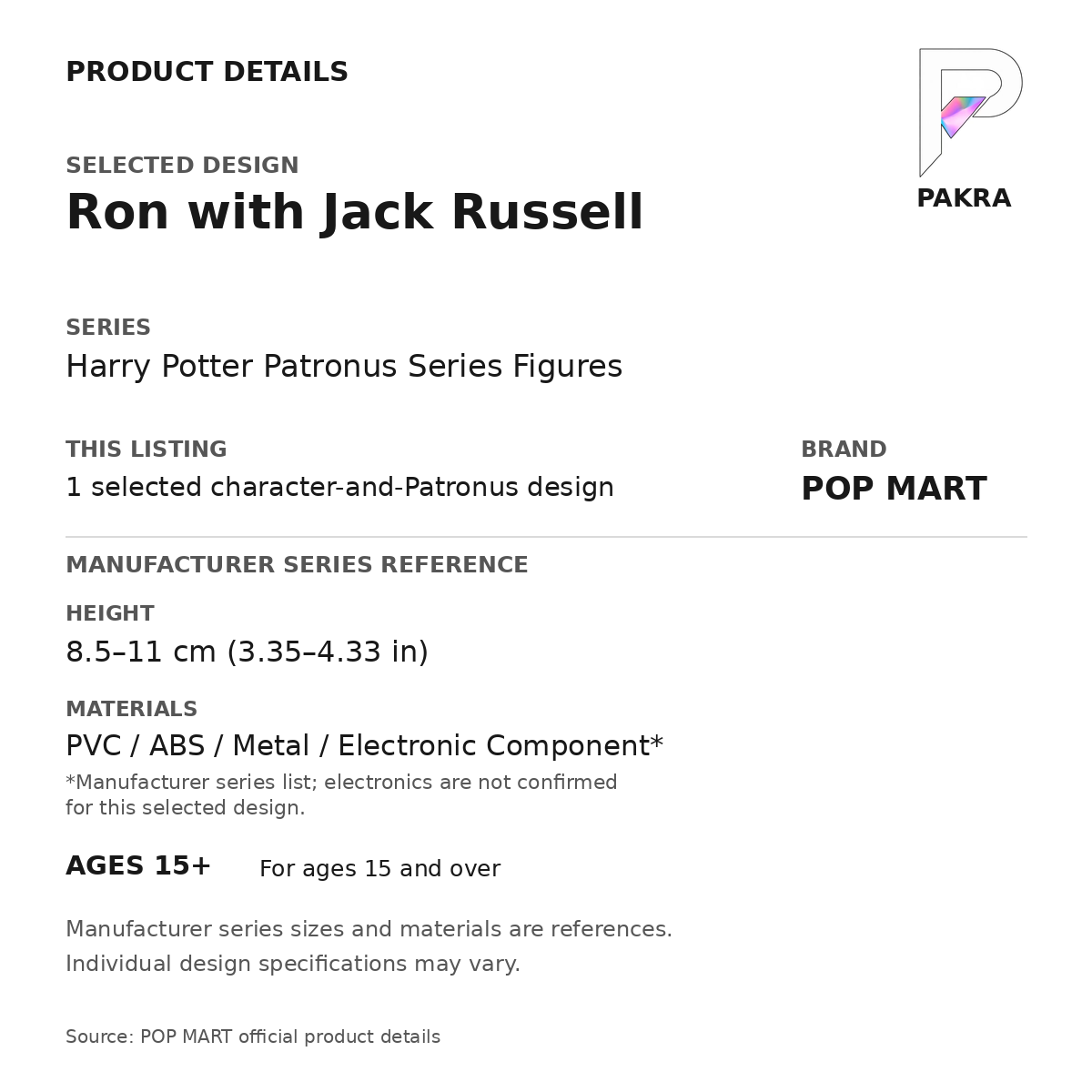 POP MART Harry Potter Patronus - Ron with Jack Russell — PAKRA product specification card with manufacturer series-reference height, materials and age guidance, for one selected figure.