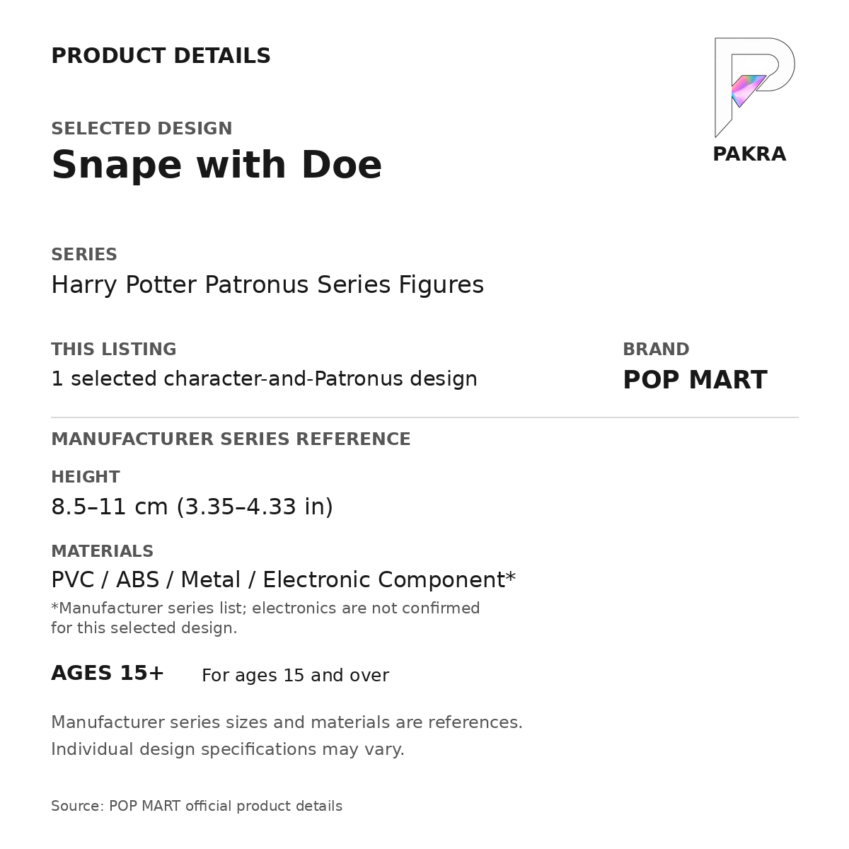 POP MART Harry Potter Patronus - Snape with Doe — PAKRA product specification card with manufacturer series-reference height, materials and age guidance, for one selected figure.