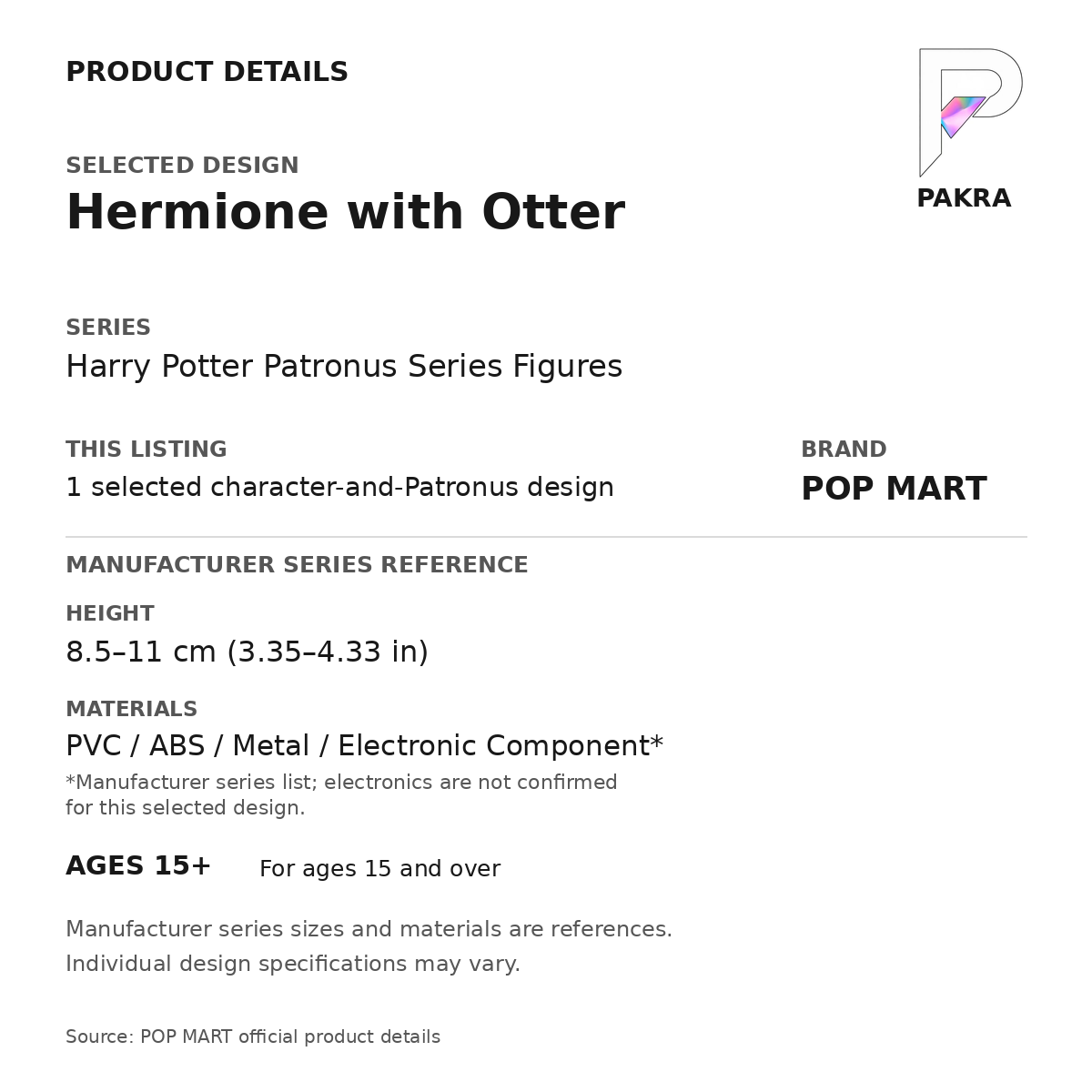 POP MART Harry Potter Patronus - Hermione with Otter — PAKRA product specification card with manufacturer series-reference height, materials and age guidance, for one selected figure.