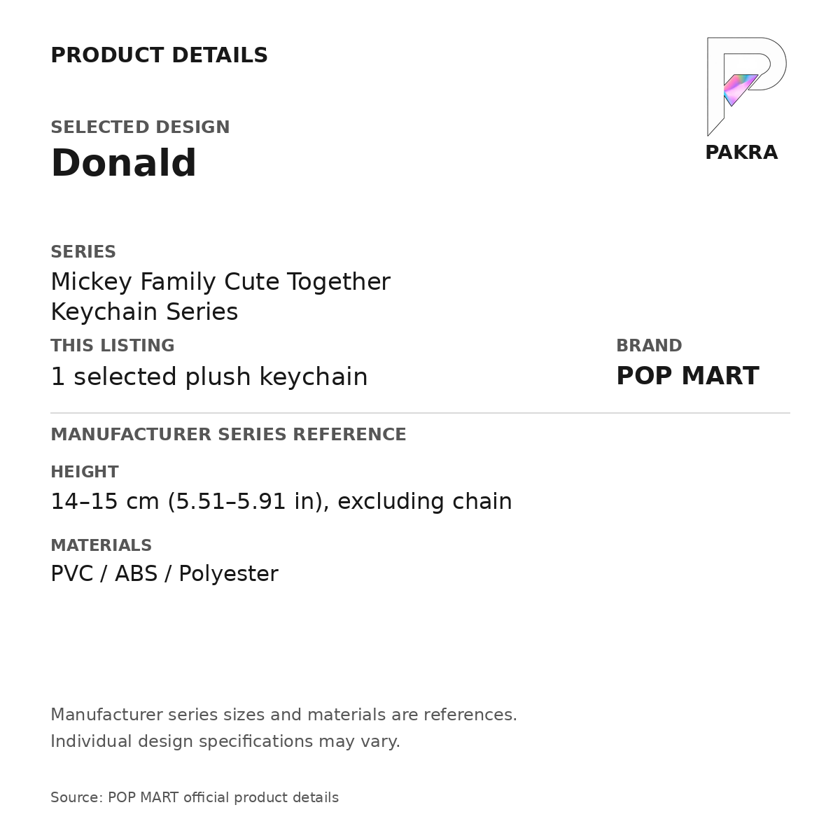 POP MART Mickey Family Cute Together - Donald Plush Keychain — PAKRA specification card with manufacturer series-reference size and materials, for 1 selected plush keychain.