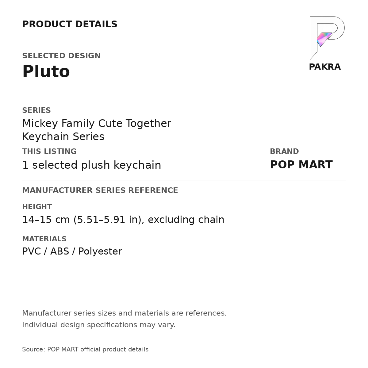 POP MART Mickey Family Cute Together - Pluto Plush Keychain — PAKRA specification card with manufacturer series-reference size and materials, for 1 selected plush keychain.