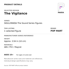 POP MART SKULLPANDA The Sound - The Vigilance — PAKRA product specification card with manufacturer series-reference height, materials and ages 15+, for one selected figure.