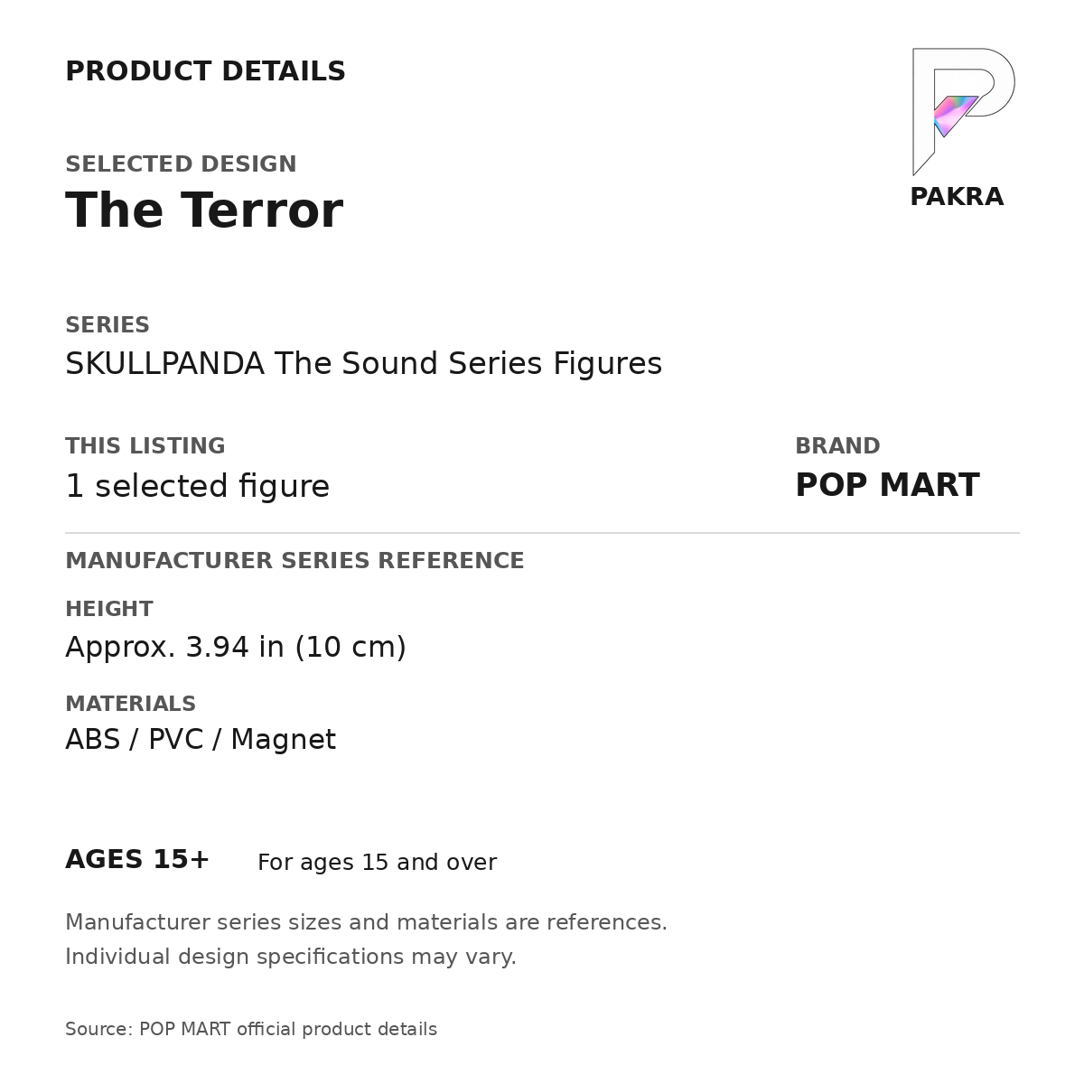 POP MART SKULLPANDA The Sound - The Terror — PAKRA product specification card with manufacturer series-reference height, materials and ages 15+, for one selected figure.