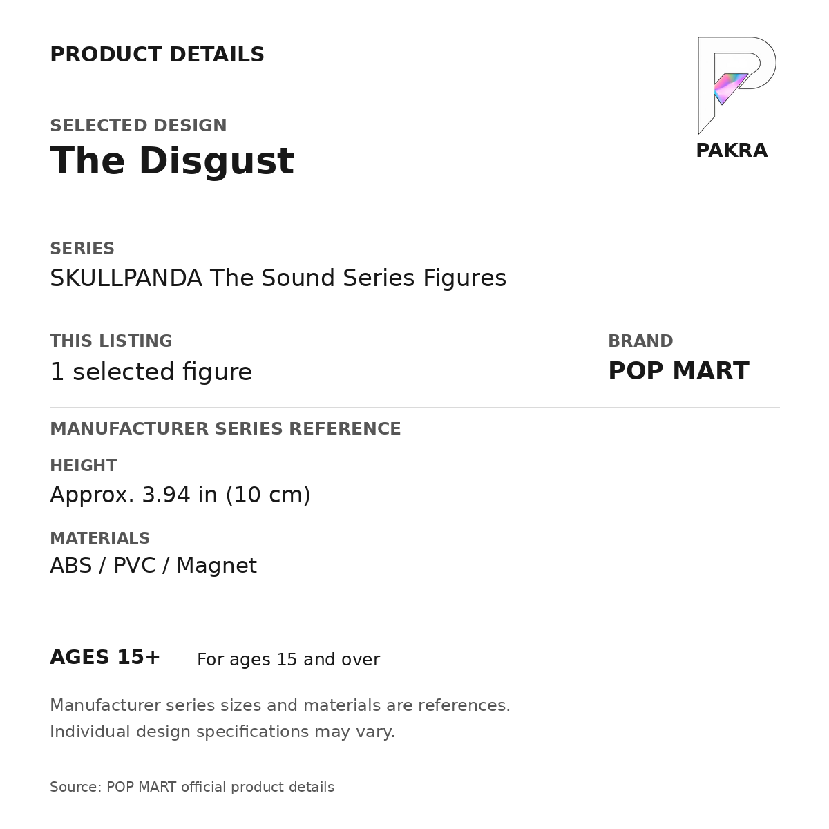 POP MART SKULLPANDA The Sound - The Disgust — PAKRA product specification card with manufacturer series-reference height, materials and ages 15+, for one selected figure.