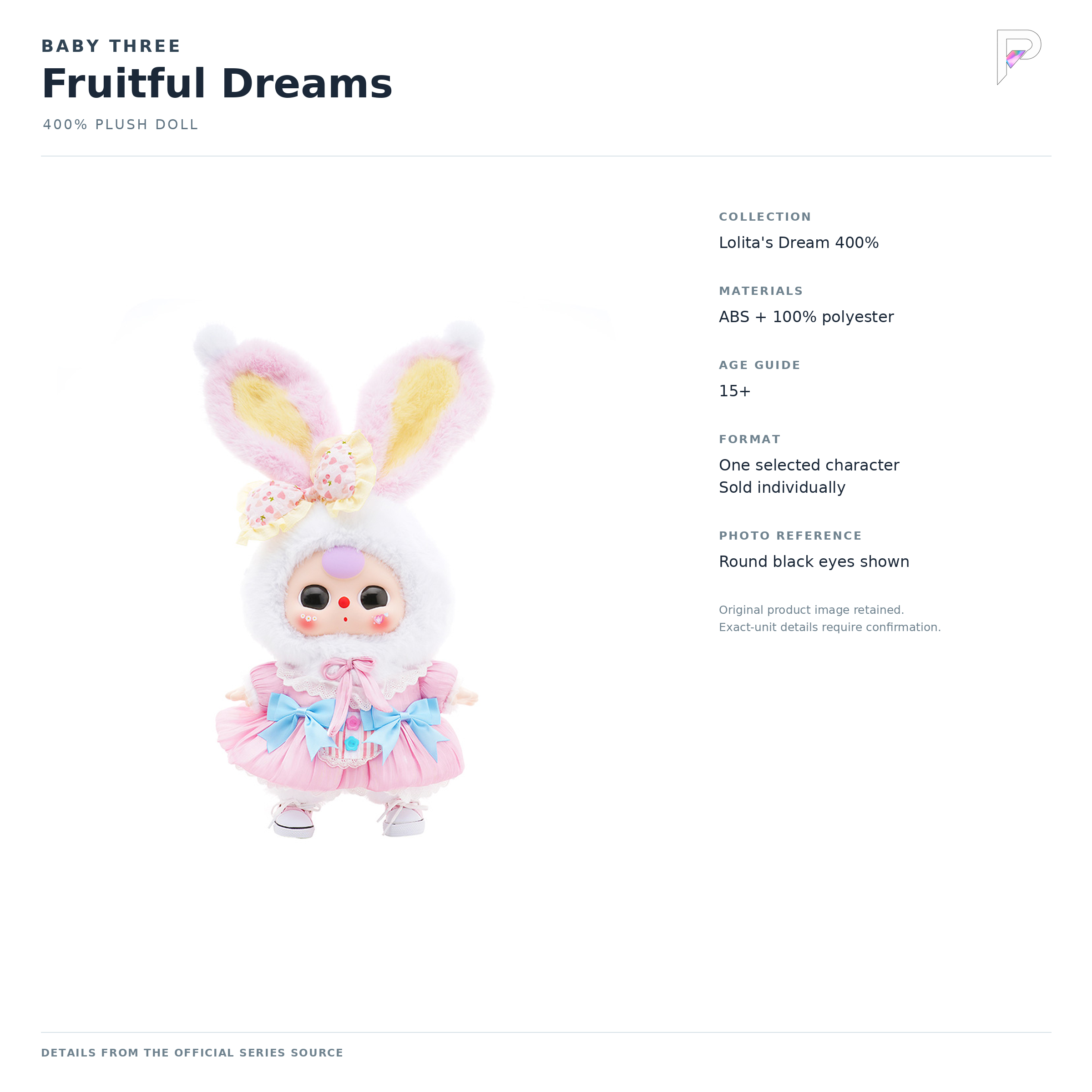 Baby Three Fruitful Dreams product specifications card with official front photograph and PAKRA logo; not an additional angle