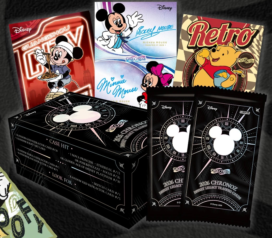 Card.fun 2026 Disney ChronoZ Legacy Hobby box and packs with Mickey Mouse, Minnie Mouse and Winnie the Pooh example cards
