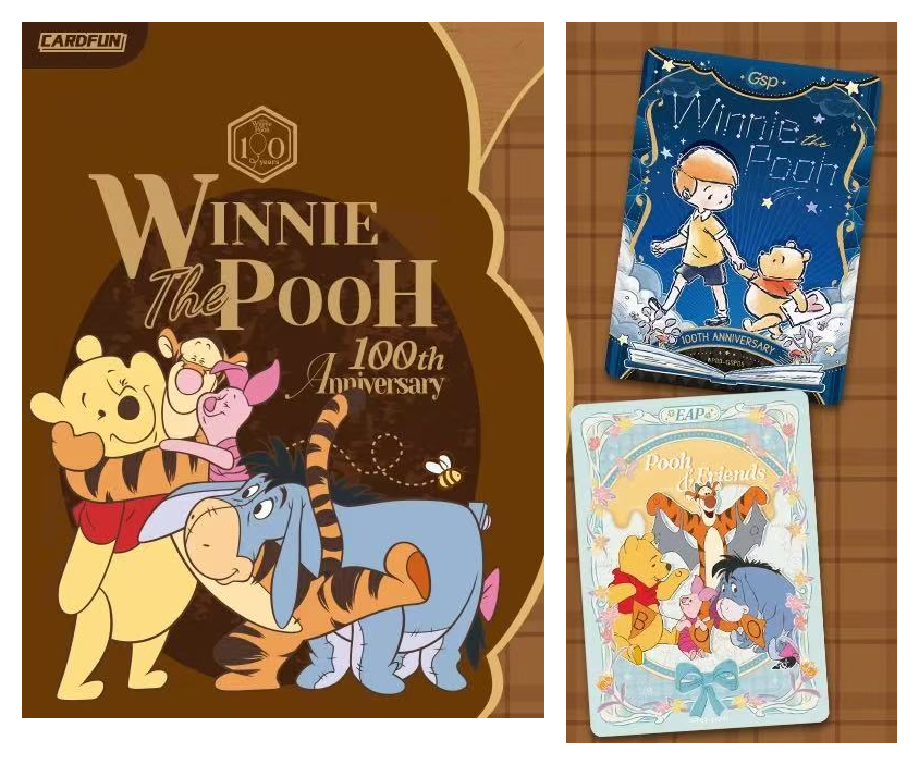 Card.fun Winnie the Pooh 100th Anniversary artwork and two example collectible cards featuring Pooh and his friends