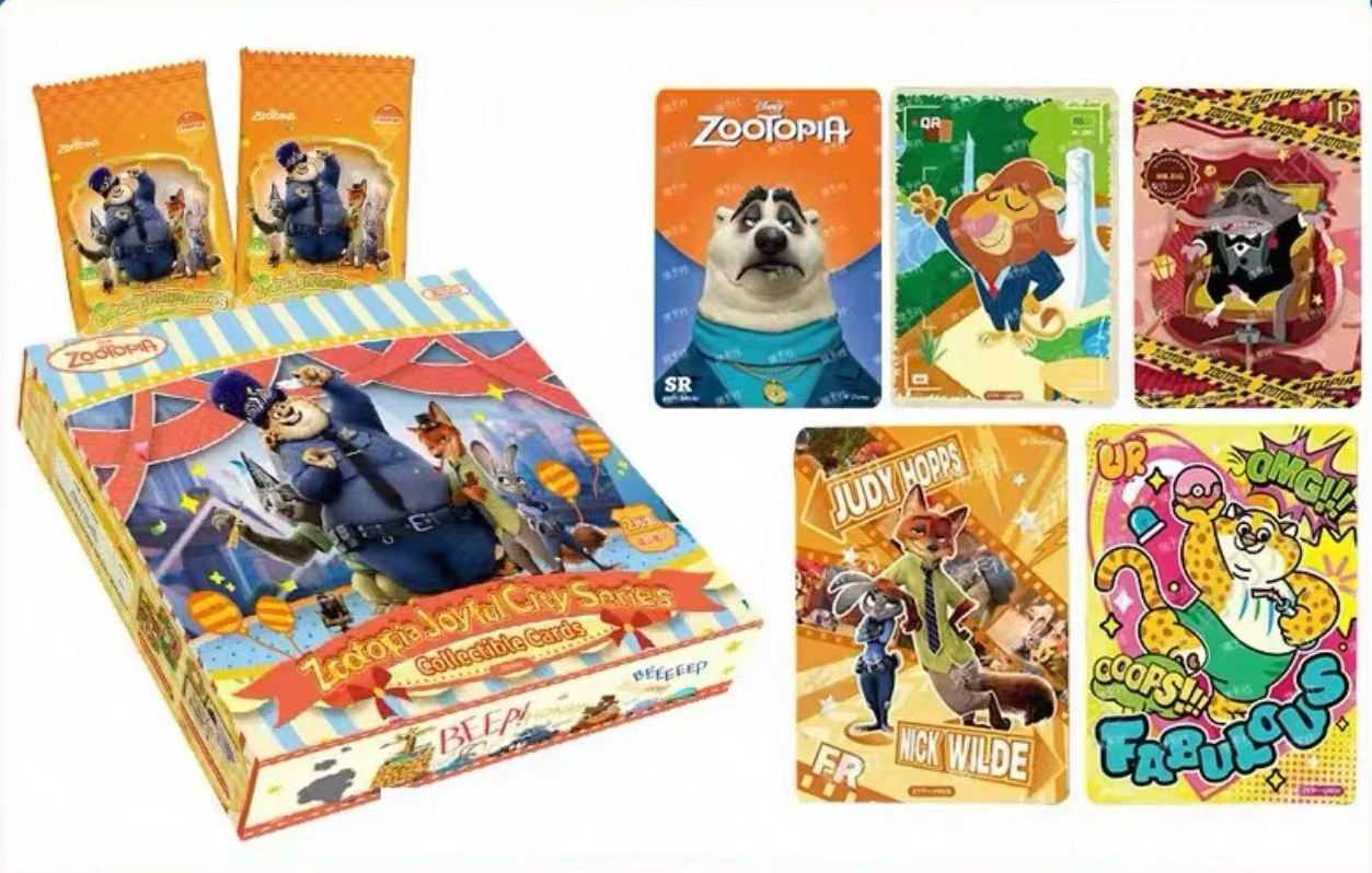 Card.fun Disney Zootopia Joyful City collectible card box, two packs and five example cards including Judy Hopps, Nick Wilde and Clawhauser