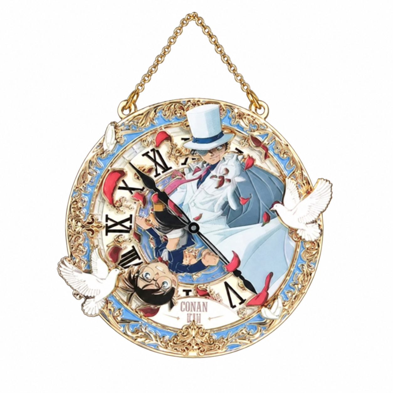 Detective Conan Moonlit Encounter collectible medal with decorative clock-face artwork and hanging chain on a white background