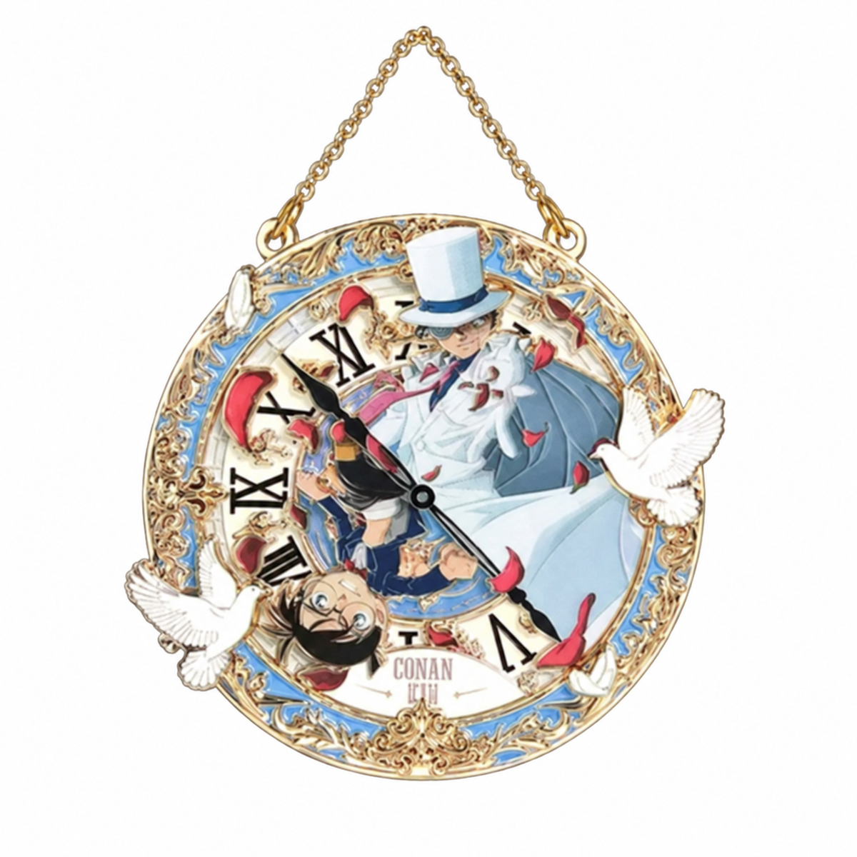 Detective Conan Moonlit Encounter collectible medal with decorative clock-face artwork and hanging chain on a white background
