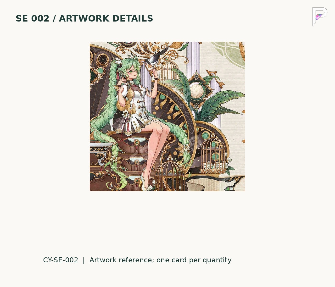 CY-SE-002 artwork detail showing Hatsune Miku in a white dress with birdcages