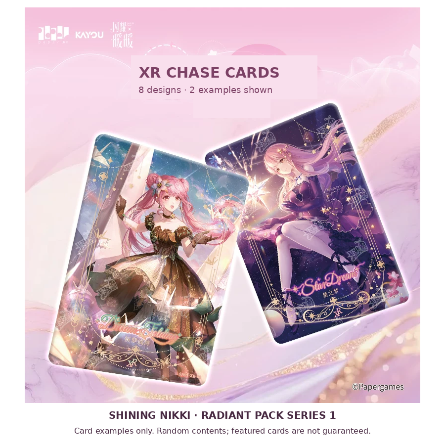 Shining Nikki Radiant Pack Series 1 XR chase cards: 8 designs, 2 examples shown; random contents, cards not guaranteed