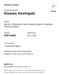 Kisame Hoshigaki product specifications for Naruto: Shippuden Series Battle Against Akatsuki Themed Figure; selected unit, materials and manufacturer series reference size on a white background with the PAKRA logo