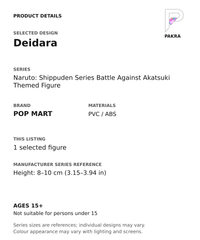 Deidara product specifications for Naruto: Shippuden Series Battle Against Akatsuki Themed Figure; selected unit, materials and manufacturer series reference size on a white background with the PAKRA logo