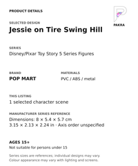 Jessie on Tire Swing Hill product specifications for Disney/Pixar Toy Story 5 Series Figures; selected unit, materials and manufacturer series reference size on a white background with the PAKRA logo