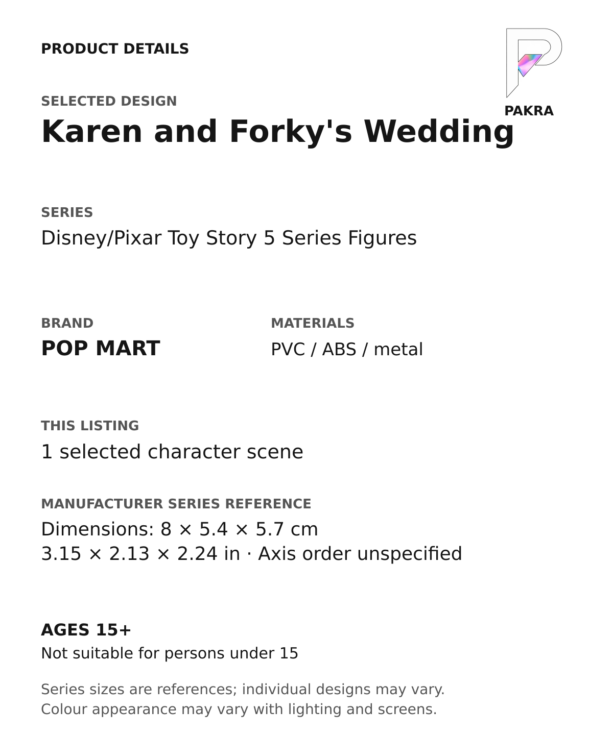 Karen and Forky's Wedding product specifications for Disney/Pixar Toy Story 5 Series Figures; selected unit, materials and manufacturer series reference size on a white background with the PAKRA logo
