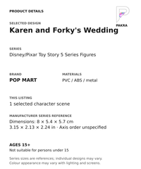 Karen and Forky's Wedding product specifications for Disney/Pixar Toy Story 5 Series Figures; selected unit, materials and manufacturer series reference size on a white background with the PAKRA logo