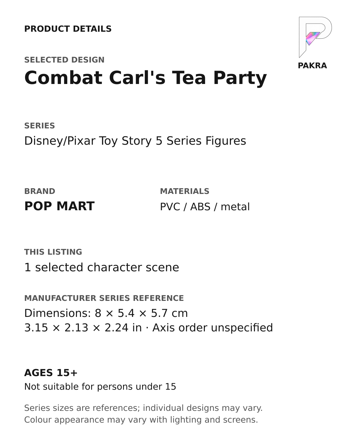 Combat Carl's Tea Party product specifications for Disney/Pixar Toy Story 5 Series Figures; selected unit, materials and manufacturer series reference size on a white background with the PAKRA logo