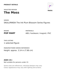 The Moss product specifications for SKULLPANDA The Ink Plum Blossom Series Figures; selected unit, materials and manufacturer series reference size on a white background with the PAKRA logo