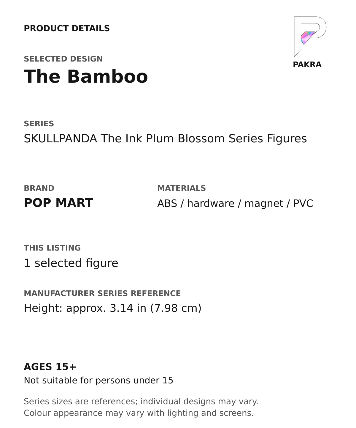 The Bamboo product specifications for SKULLPANDA The Ink Plum Blossom Series Figures; selected unit, materials and manufacturer series reference size on a white background with the PAKRA logo