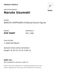 Naruto Uzumaki product specifications for NARUTO SHIPPUDEN Childhood Series Figures; selected unit, materials and manufacturer series reference size on a white background with the PAKRA logo