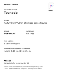 Tsunade product specifications for NARUTO SHIPPUDEN Childhood Series Figures; selected unit, materials and manufacturer series reference size on a white background with the PAKRA logo
