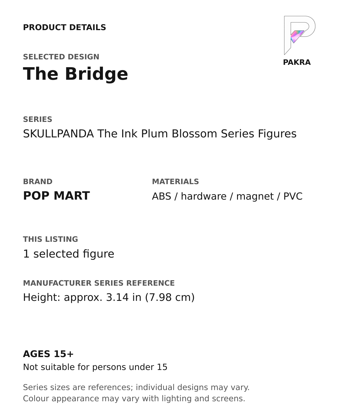 The Bridge product specifications for SKULLPANDA The Ink Plum Blossom Series Figures; selected unit, materials and manufacturer series reference size on a white background with the PAKRA logo