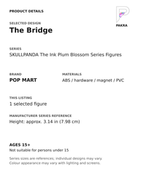 The Bridge product specifications for SKULLPANDA The Ink Plum Blossom Series Figures; selected unit, materials and manufacturer series reference size on a white background with the PAKRA logo