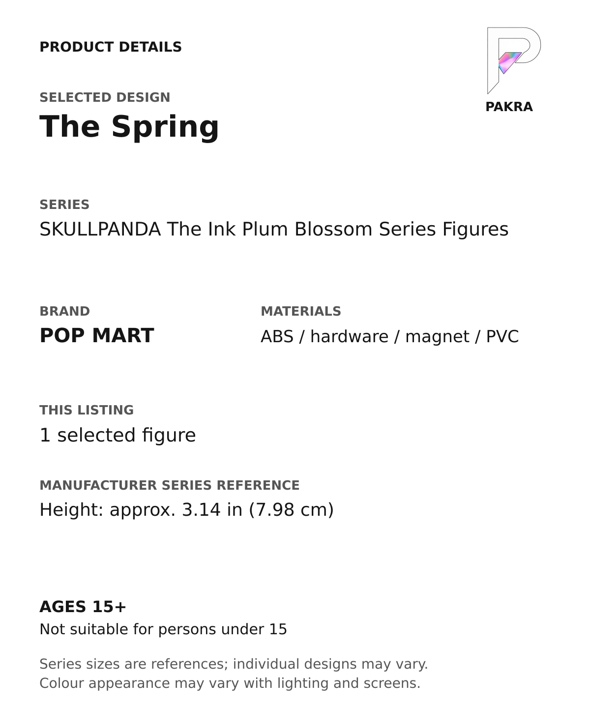 The Spring product specifications for SKULLPANDA The Ink Plum Blossom Series Figures; selected unit, materials and manufacturer series reference size on a white background with the PAKRA logo