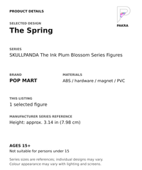 The Spring product specifications for SKULLPANDA The Ink Plum Blossom Series Figures; selected unit, materials and manufacturer series reference size on a white background with the PAKRA logo
