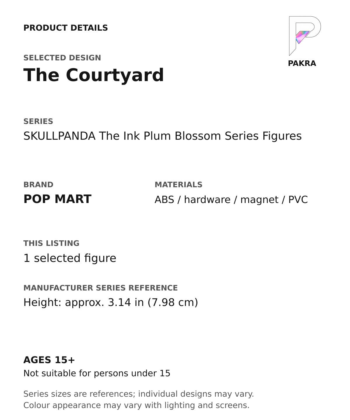 The Courtyard product specifications for SKULLPANDA The Ink Plum Blossom Series Figures; selected unit, materials and manufacturer series reference size on a white background with the PAKRA logo