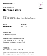 Roronoa Zoro product specifications for THE MONSTERS × One Piece Series Figures; selected unit, materials and manufacturer series reference size on a white background with the PAKRA logo