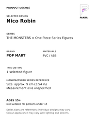 Nico Robin product specifications for THE MONSTERS × One Piece Series Figures; selected unit, materials and manufacturer series reference size on a white background with the PAKRA logo