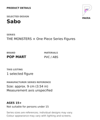 Sabo product specifications for THE MONSTERS × One Piece Series Figures; selected unit, materials and manufacturer series reference size on a white background with the PAKRA logo