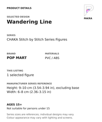 Wandering Line product specifications for CHAKA Stitch by Stitch Series Figures; selected unit, materials and manufacturer series reference size on a white background with the PAKRA logo