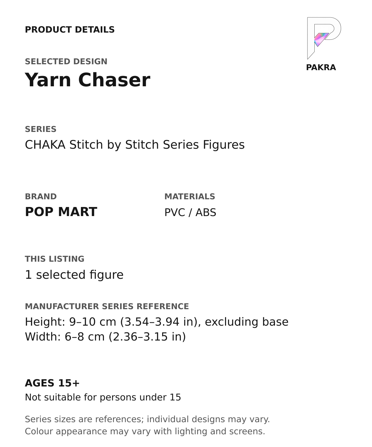 Yarn Chaser product specifications for CHAKA Stitch by Stitch Series Figures; selected unit, materials and manufacturer series reference size on a white background with the PAKRA logo