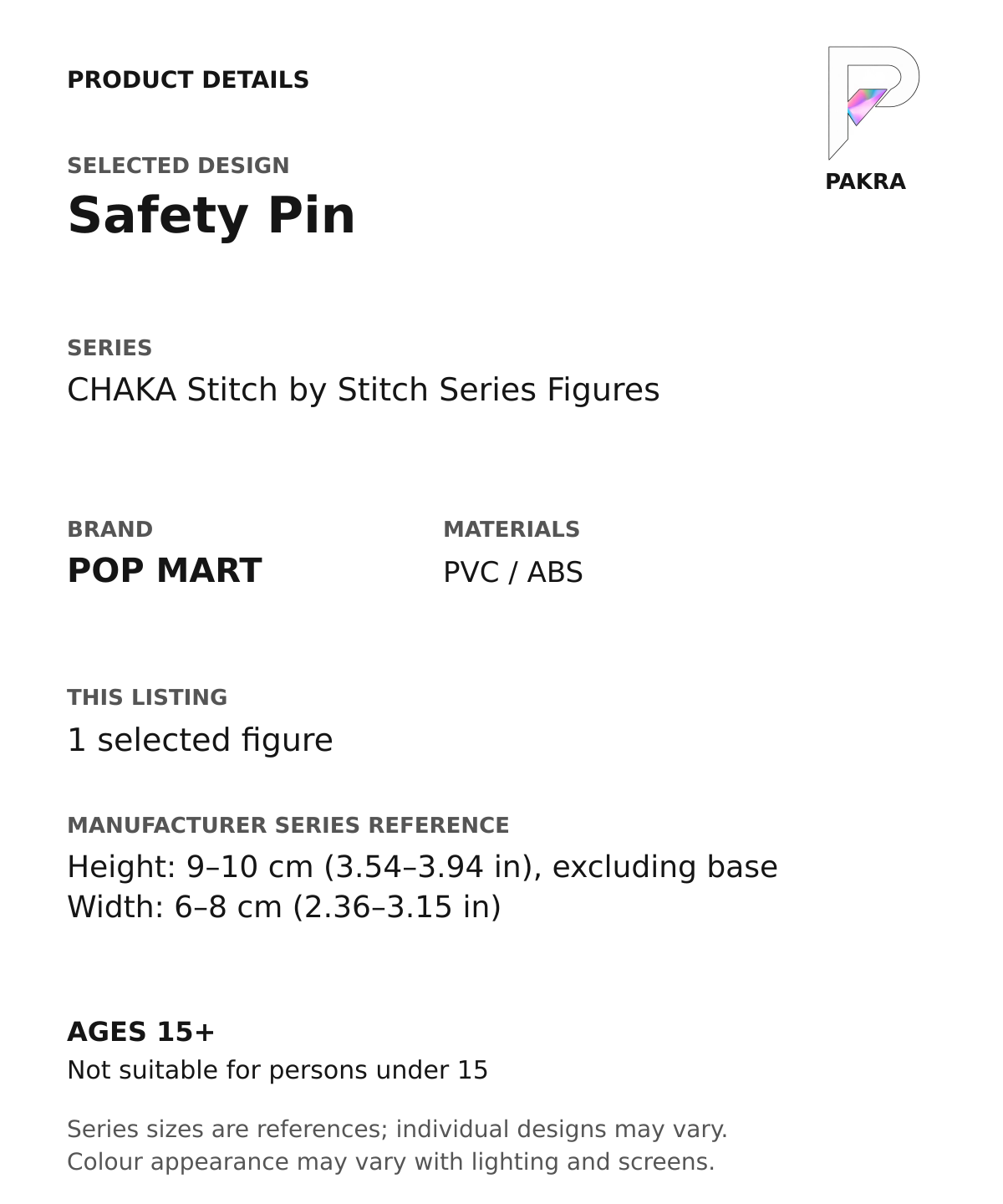 Safety Pin product specifications for CHAKA Stitch by Stitch Series Figures; selected unit, materials and manufacturer series reference size on a white background with the PAKRA logo