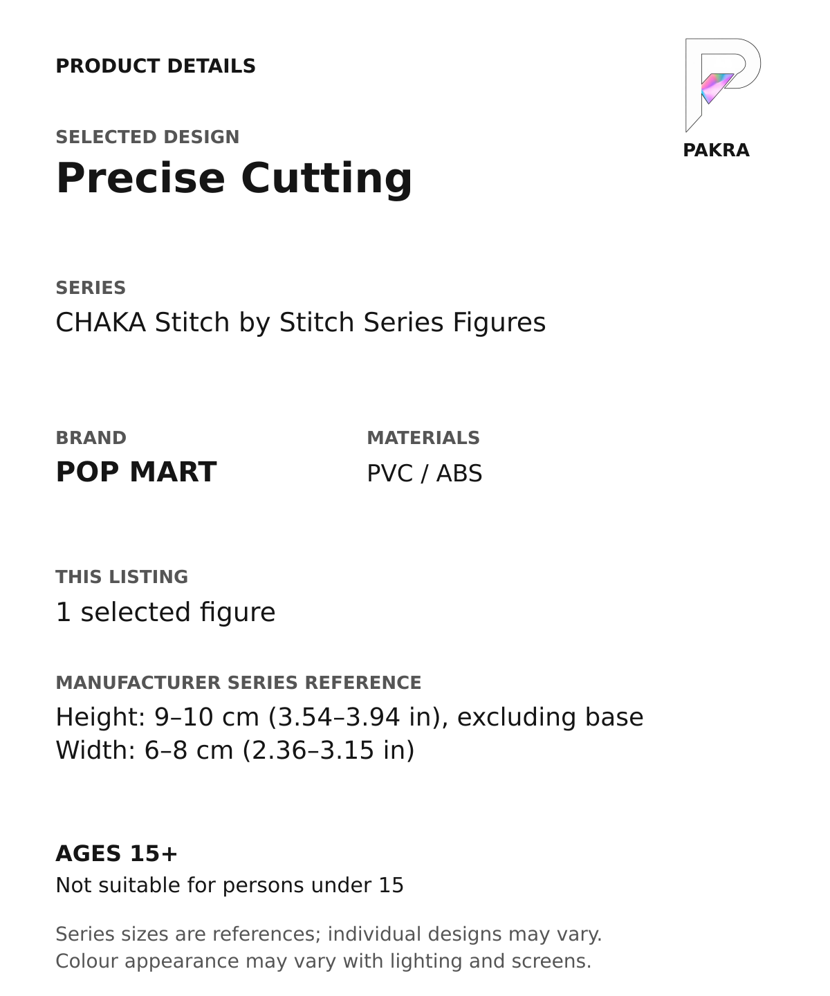 Precise Cutting product specifications for CHAKA Stitch by Stitch Series Figures; selected unit, materials and manufacturer series reference size on a white background with the PAKRA logo