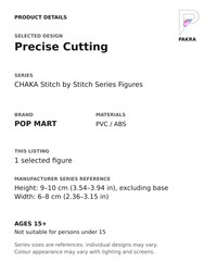 Precise Cutting product specifications for CHAKA Stitch by Stitch Series Figures; selected unit, materials and manufacturer series reference size on a white background with the PAKRA logo