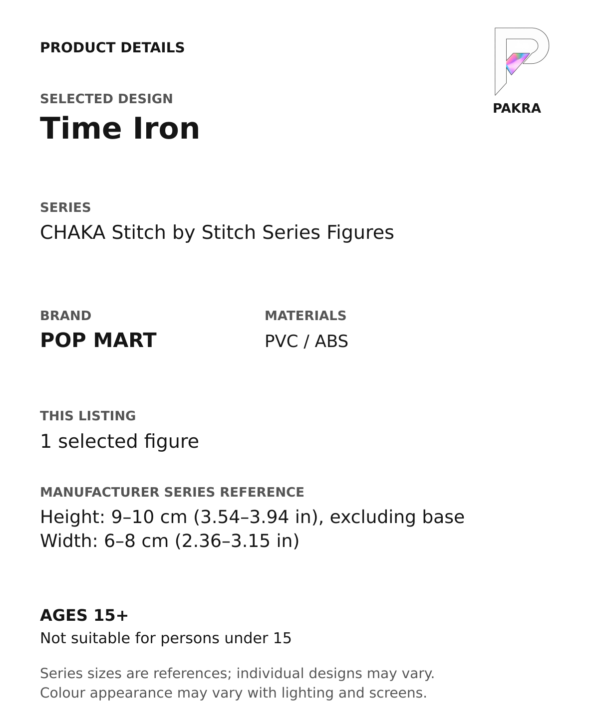 Time Iron product specifications for CHAKA Stitch by Stitch Series Figures; selected unit, materials and manufacturer series reference size on a white background with the PAKRA logo