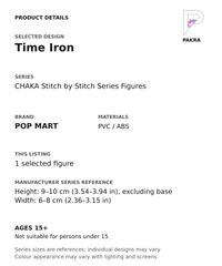 Time Iron product specifications for CHAKA Stitch by Stitch Series Figures; selected unit, materials and manufacturer series reference size on a white background with the PAKRA logo